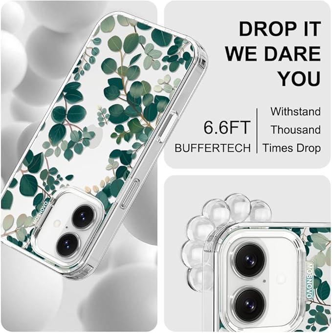 MOSNOVO for iPhone 17 Case | Military Grade 6.6ft Drop Tested | Camera Control | Clear with Eucalyptus Design