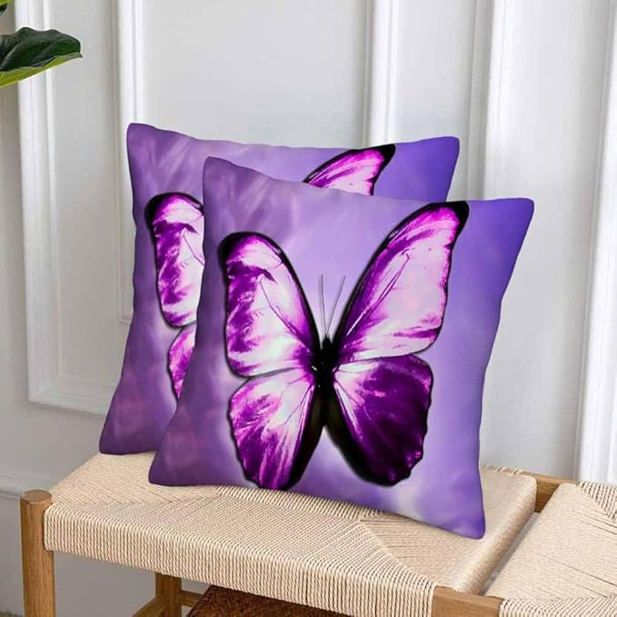 Purple Butterfly Couch Pillow Covers 18 X 18 Vibrant Magical Nature Insect Set of 2 Pillowcases Square Velvet Outdoor Cushion Pillow Cases Decorative for Home Bed Sofa Couch Hotel
