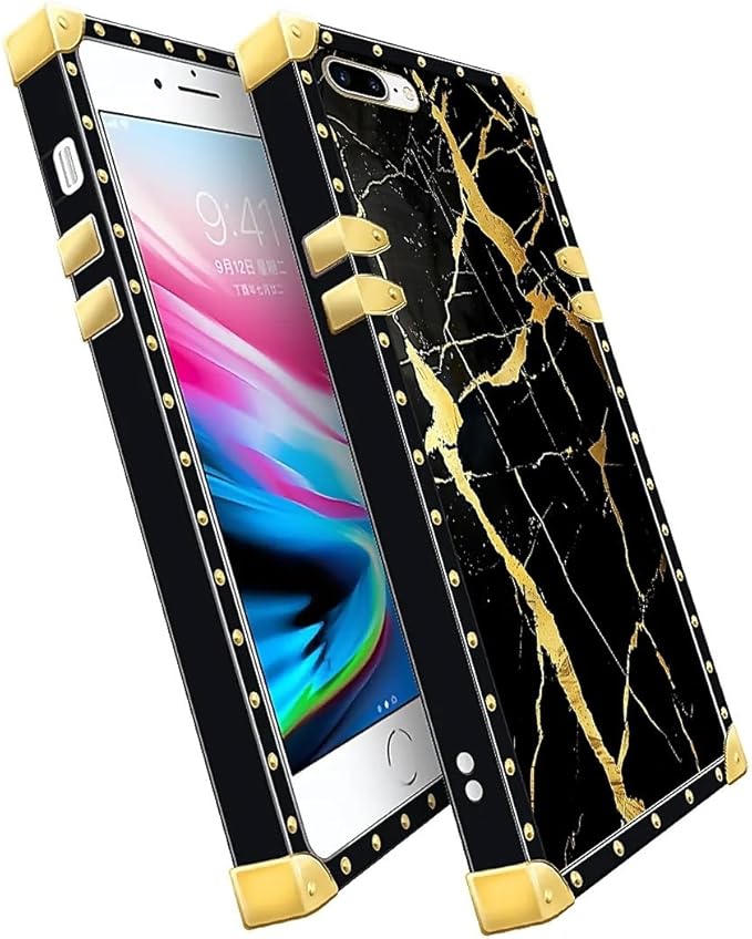 Compatible with iPhone 8 Plus 7 Plus Case, Black Gold Marble Nature Luxury Golden Decoration for Girl Women Soft TPU Shockproof Protective Hard PC Back for iPhone 8 Plus 7 Plus