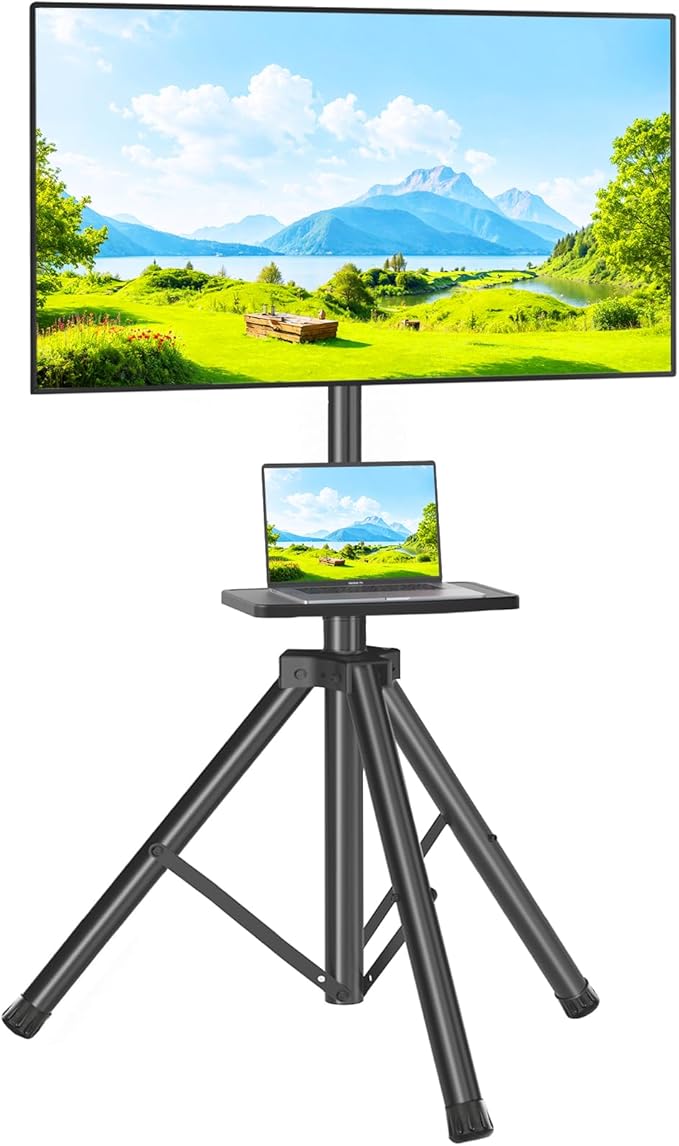 TVON TV Tripod Stand with Shelf for 23-80 inch LED LCD Flat Screen/Curved TVs, Portable TV Stand with ±15° Tilt and Height Adjustment Holds up to 100lbs, Outdoor TV Mount Max VESA 600x400m