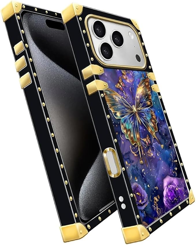 for iPhone 17 Pro Case Luxury Golden Decoration for Girl Women Soft TPU Shockproof Protective Hard PC Back for iPhone 17 Pro Crazy Pattern Glistening Golden Butterfly Vibrant Purple Blue