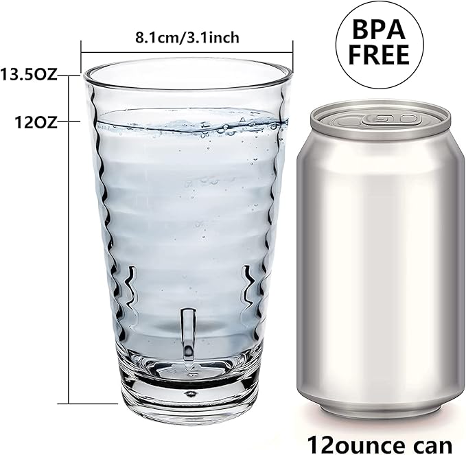 ALIMOTA Stackable Drinking Glasses 385ml Set of 6, Dishwasher Safe Acrylic Tumblers for Water, Juice, Cocktail - Portable for Camping, Picnics & BBQ Parties