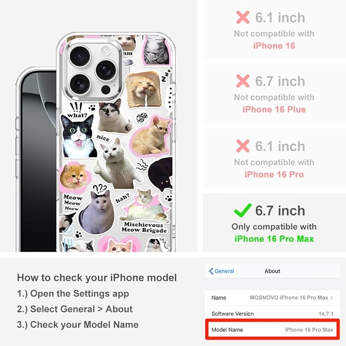 MOSNOVO Case for iPhone 16 Pro Max, [Buffertech 6.6ft Military-Grade Drop Protection] [Anti Peel Off Tech] Clear TPU Bumper Phone Case Cover Design - The Cat Brigade