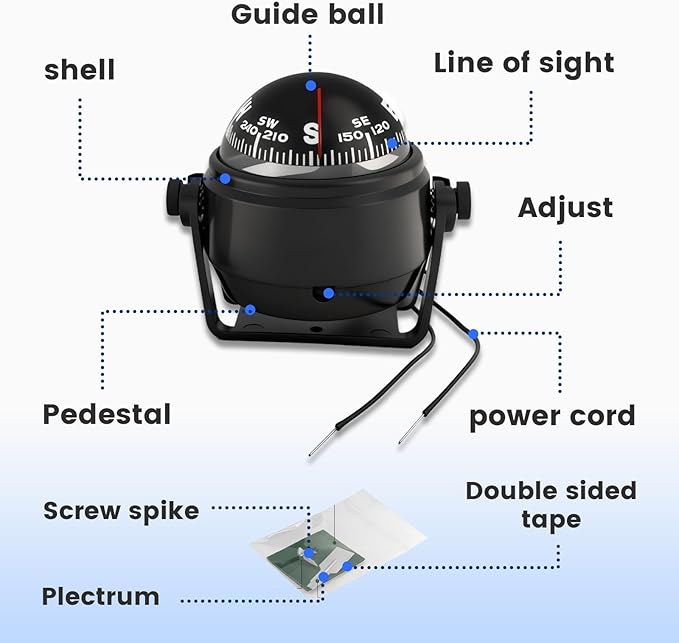 Boat Compass with Magnetic Declination Adjustment, Pivoting Marine Compass Multifunction Digital Navigation Dashboard LED Illumination & Backlight for Marine Boat Truck Car