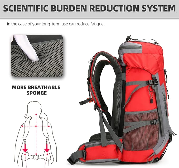 King'sGuard 60L Hiking Backpack for Men and Women Lightweight Camping Hiking Backpack with Rain Cover Large Waterproof Travel Backpack Backpacking Pack (Red)