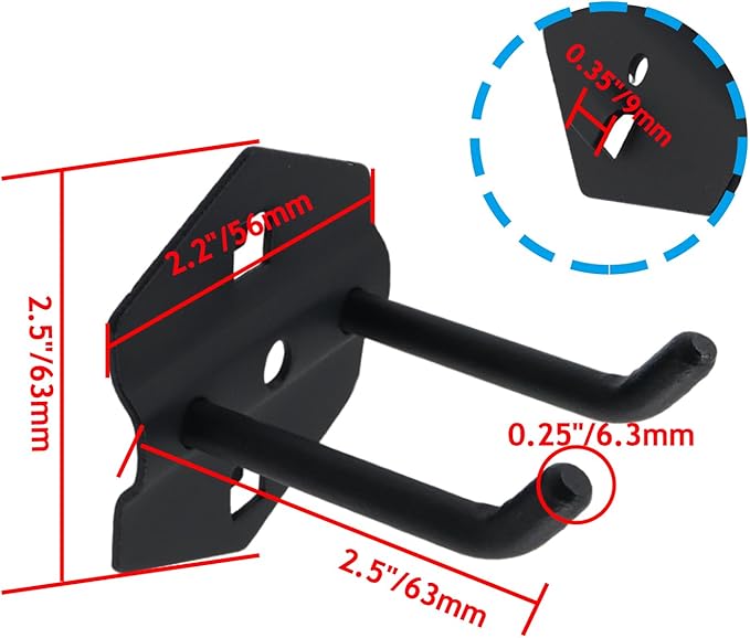 Pegboard Hooks Heavy Duty Metal Steel 3/8" Square Hole Peg Hooks Suitbale for 1.5" Spaced Pegboards Double Arm Wall Hooks for Organizing Tools in Home or Garage 2.5" Long Black- 2pcs