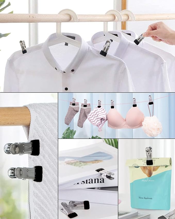 10PCS Small Clothes Pin with Hook for Easy Hanging, Stainless Steel Clothespins, Metal Laundry Grip Clips, Anti Rust, Multipurpose