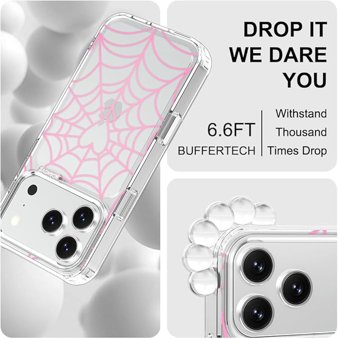 MOSNOVO for iPhone 17 Pro Case, Shockproof Military-Grade Protection 6.6ft Drop Tested, Camera Control, Clear Phone Case for iPhone 17 Pro, Pink Spiderweb Design