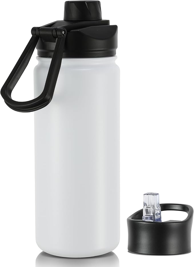 16 oz Insulated Water Bottle with Straw Lids, Stainless Steel Kids Water Bottles for School, Double Wall Vacuum Metal Water Bottle with Straw & Wide Mouth Lid, White 1 Pack