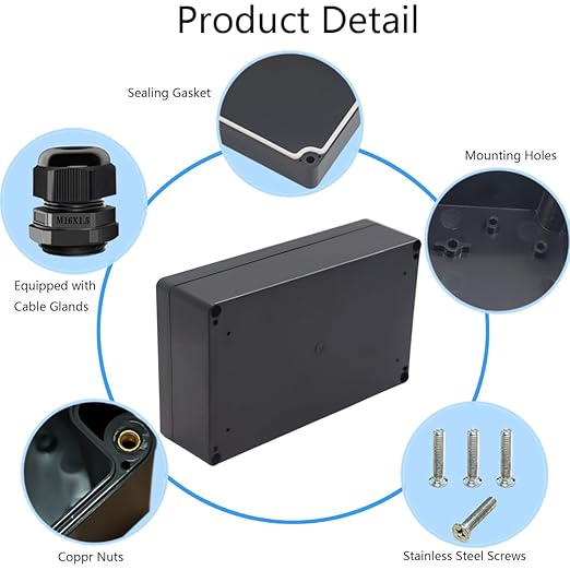 Junction Box IP65 Waterproof ABS Plastic Electrical Project Case Power Junction Boxes, Project Box with Fixed Ear Black 7.87x4.72x2.2 inch (200 x 120 x56 mm)