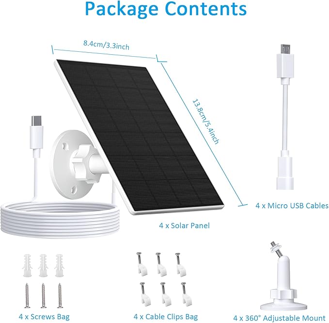 2W Solar Panel for Security Camera Outdoor, USB/USB-C Charger with IP65 Waterproof, 360° Adjustable Mount & 7.2ft Cable, Compatible with Rechargeable Battery Cameras (4 Pack, White)