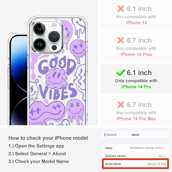MOSNOVO Case for iPhone 14 Pro, [Buffertech 6.6ft Military-Grade Drop Protection] [Anti Peel Off Tech] Clear TPU Bumper Phone Case Cover Design - Good Vibes