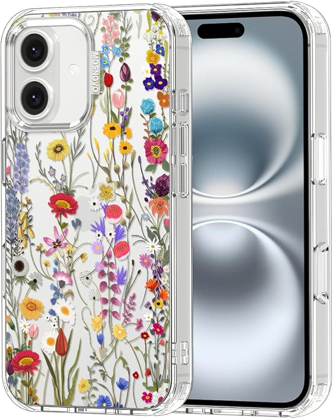 MOSNOVO Case for iPhone 16 Plus, [Buffertech 6.6ft Military-Grade Drop Protection] [Anti Peel Off Tech] Clear TPU Bumper Phone Case Cover Design - Wildflower Meadow
