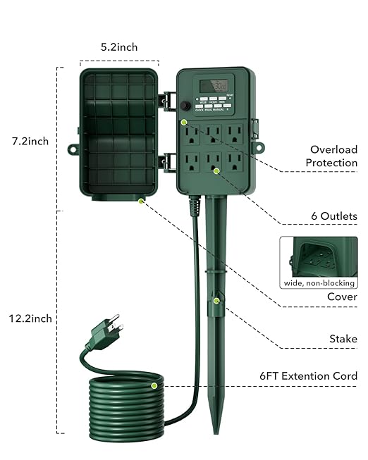 BN-LINK Outdoor Power Stake, 7-Day Programmable Digital Timer, 6 Outlets, 6FT Extension Cord, Waterproof Perfect for Christmas, Halloween, Garden Decorations, ETL Listed