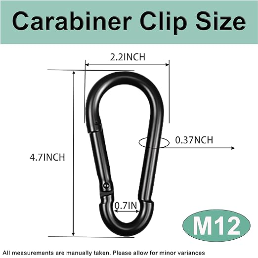 Black Carabiner, Heavy Duty Galvanized Steel Spring Snap Hook Carabiner Clips with 1000LBS Holding Capacity, Ideal for Outdoor, Hammock, Swing and Travel (4PCS M12 4.7Inch)