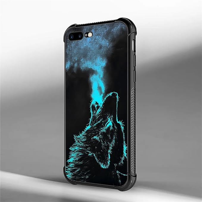 for iPhone 7 Plus/8 Plus Case, Blue Breathing Wolf Pattern Graphic Design for Girl Boy, Soft Silicone Hard Acrylic Shock Protection