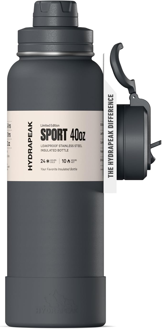 Hydrapeak 40oz Sport Insulated Water Bottle with Straw & Chug Lid, Leak & Spill Proof, Keeps Drinks Cold for 24 Hours, Hot for 12 Hours, Premium Stainless Steel Water Bottles (40oz, Grey Matter)