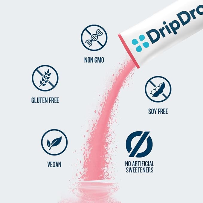 DripDrop Zero Sugar Plus - Sugar Free Hydration Packets - Single Serve Electrolytes Powder Drink Mix - Raspberry Lemonade, Watermelon, Tangerine, Tropical Punch - Non-GMO, Vegan- 8 Sticks