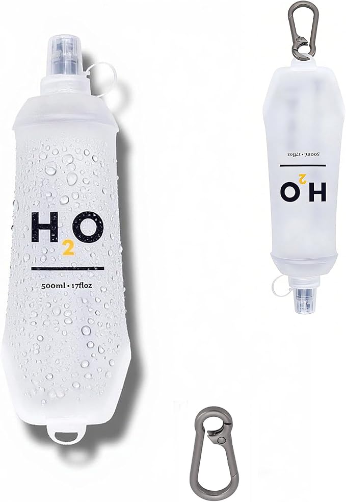 500ml Collapsible Soft Flask Water Bottle for Running with Hang Dry Metal Hook & Dust Cap, BPA Free TPU Leakproof Bite Valve Hydration Bottle, Ultra Lightweight Foldable(1pack 500ml17oz)