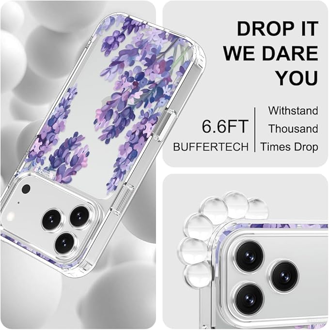 MOSNOVO for iPhone 17 Pro Max Case | Military Grade 6.6ft Drop Tested | Camera Control | Clear with Lavender Design