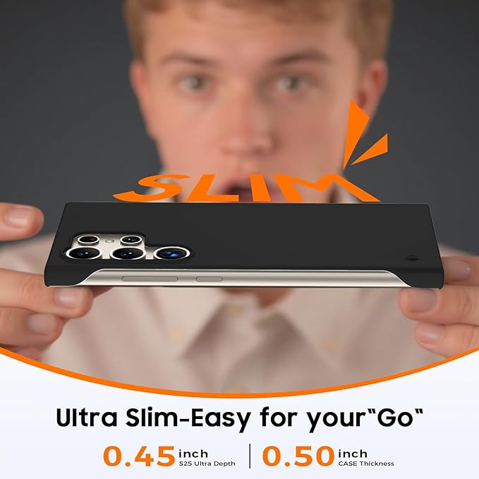 GRECAZO Slim Borderless for Samsung Galaxy S25 Ultra Phone Case 6.9"(2025) Ultra-Thin Lightweight Frameless Matte Hard PC Cover Case with Pull Ring Minimalist Non Slip Rope-Black