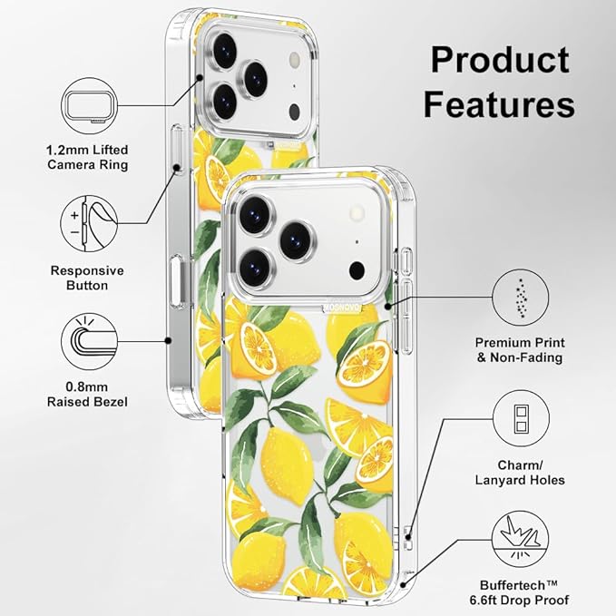 MOSNOVO for iPhone 17 Pro Case | Military Grade 6.6ft Drop Tested | Camera Control | Clear with Lemon Design