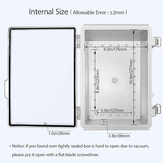 LeMotech Electrical Box, IP67 Waterproof Hinged Clear Cover Stainless Steel Latch Junction Box, ABS Plastic Electrical Enclosure with Mounting Plate,Wall Brackets, Cable Glands,11.8"x7.7"x5.2",Grey