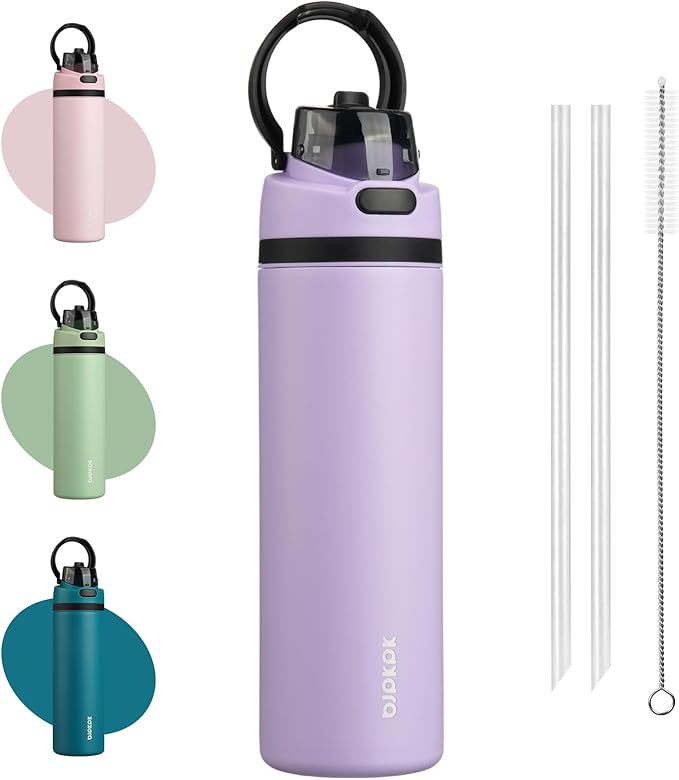 BJPKPK 25oz Insulated Water Bottle with 2-1 Straw Spout Lid, Stainless Steel Metal Water Bottles with Carry Handle, BPA Free, Leak-Proof, Fits in Car Cup Holder, Thermo for Sports,Lavender