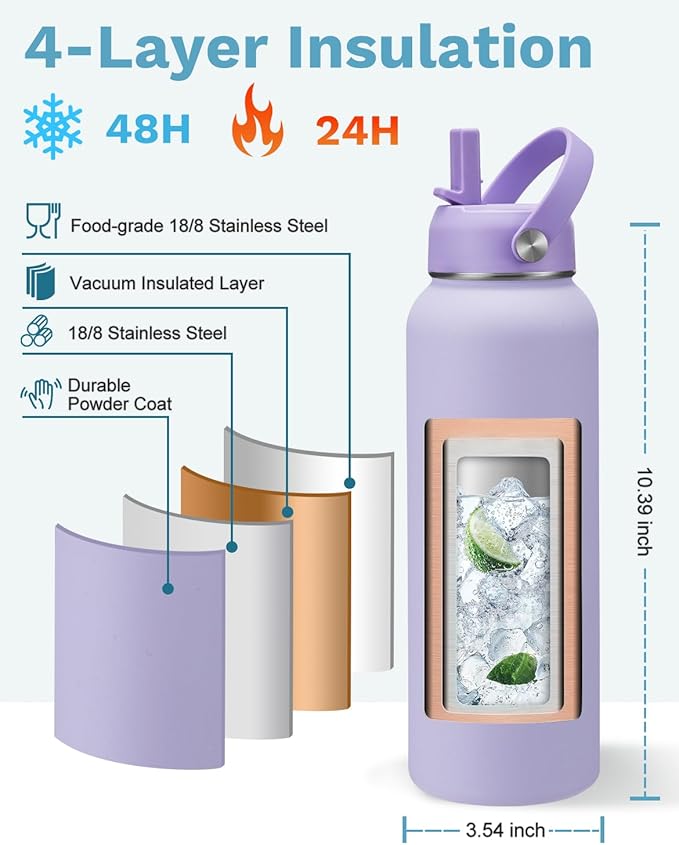 BENZZO Insulated Water Bottle 40oz - Triple Wall Metal Water Bottles with Straw & Spout Lid, Paracord Handle, Bottle Carrier Bag, Water Bottles Stainless Steel 40 oz
