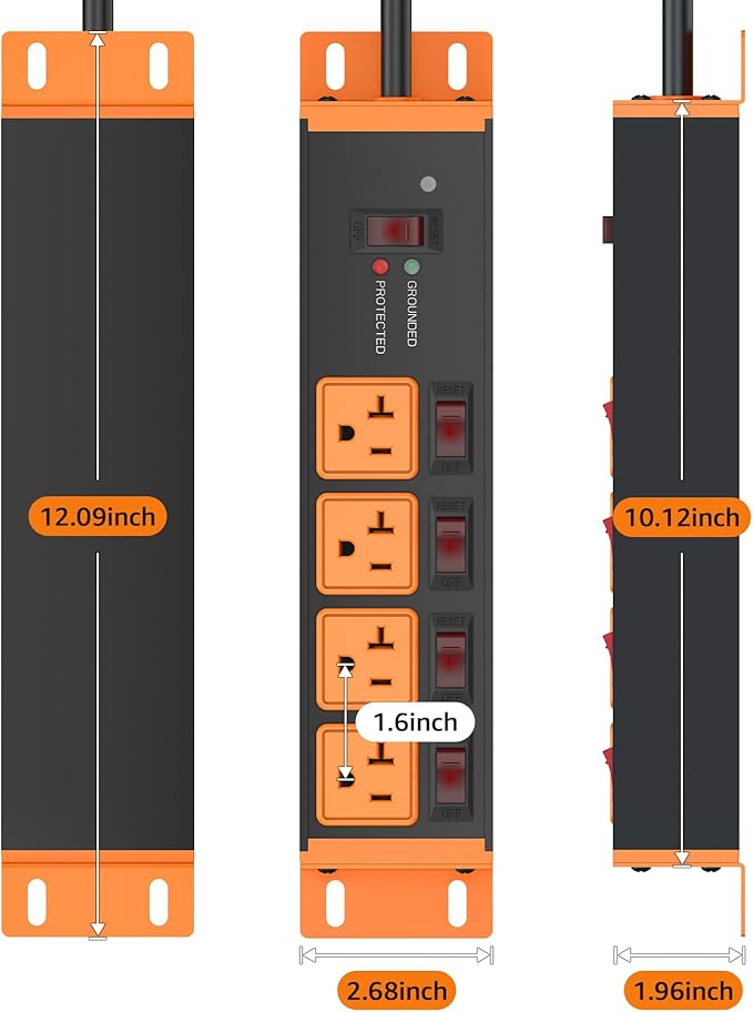 CCCEI Heavy Duty Surge Protector Power Strip 20 Amp Individual Switches. 12FT 12 Gauge Extension Cord with Multiple Outlets. Kitchen, Garage, Shop, Industrial Wall Mount Electric Extender, Orange.