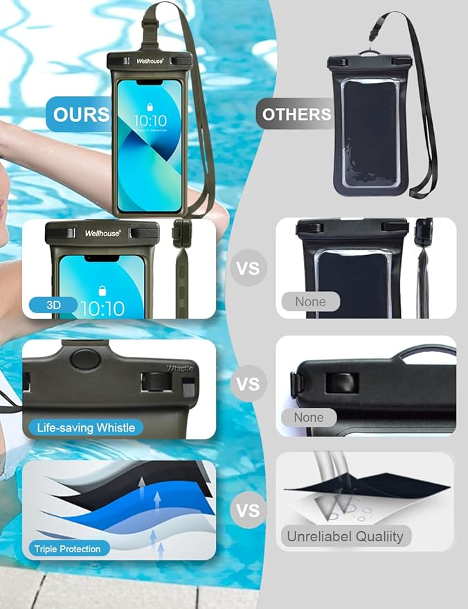 wellhouse Waterproof Phone Pouch, Waterproof Phone Case for iPhone 17 16 15 14 13 Pro Max XS Samsung, IPX8 3D Cellphone Dry Bag Beach Essentials (1 Pack - Olive7.0, 7 inch)