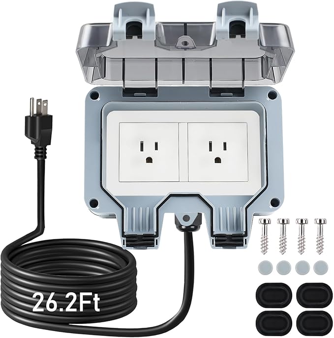 Outdoor Power Outlet Box with 26.3Ft Extension Cord, NEMA 5-15R, STW 14 AWG, Weatherproof Waterproof IP66 Electrical Outlet Extender, Exterior Wall Power Socket w/Cover for Garden