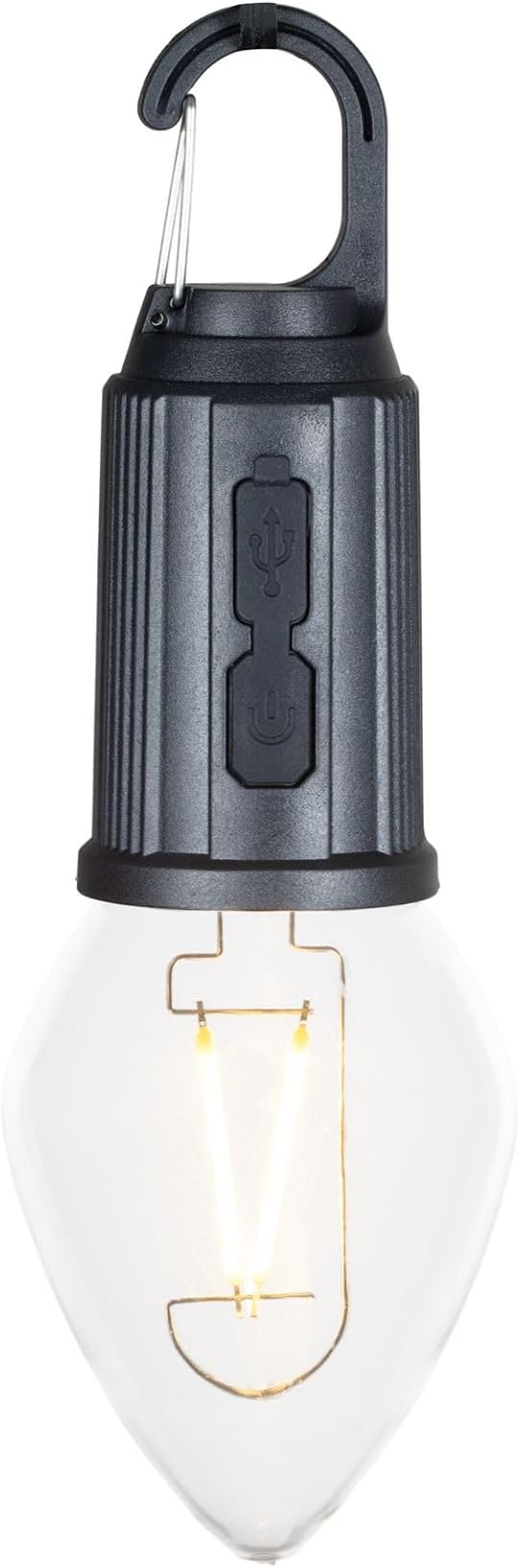 Rechargeable Camp Light, Warm White LED Teardrop Bulb, Battery Powered with USB-C, Shatterproof Globe on Carabiner, 3 Brightness Levels