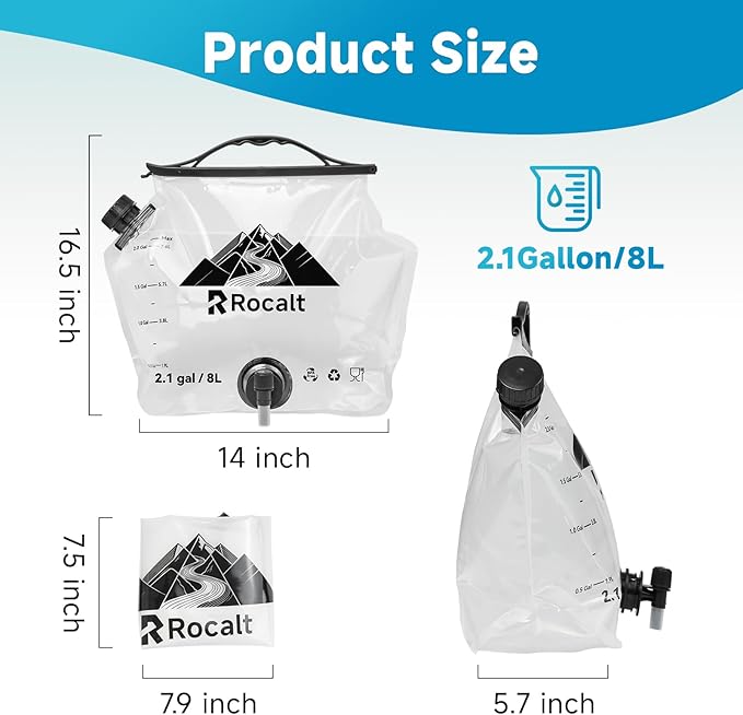 Rocalt 2 Pack Collapsible Water Container with Spigot, 2.1 Gallon Foldable Camping Water Storage, BPA Free Emergency Water Container with Wide Mouth Opening for Survival & Disaster Preparedness