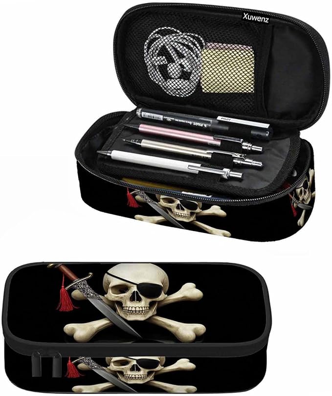 Skull Pirate Pencil Case Crossbones Eye Halloween Day Of The Dead Black Pencil Bag Pouch Box Organizer for College School Students Boy Girl
