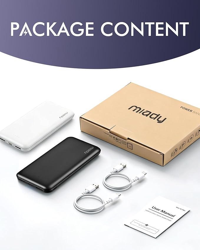 Miady 2-Pack Portable Charger, Slim 10000mAh Power Bank Travel Battery Pack 3 Outputs 2 Inputs Compatible with iPhone 17/16/15/14/13 Galaxy S24/22 iPad Android etc (2 Black)