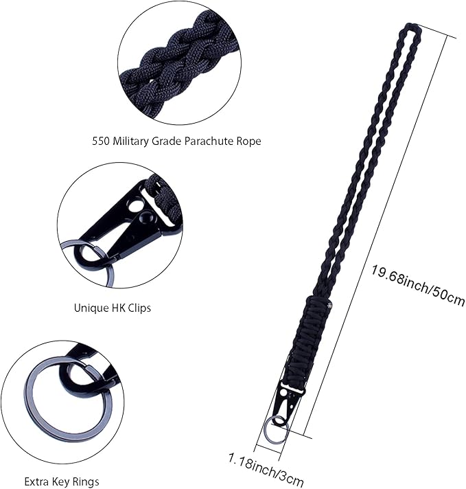 Heavy Duty Braided 550 Paracord Neck Lanyard Keychain for Men Women Outdoor Survival, Parachute Rope Necklace Keychains with HK Clip Key Ring for ID Card Badge Holder, Camera, Wallet and Keys (Black)