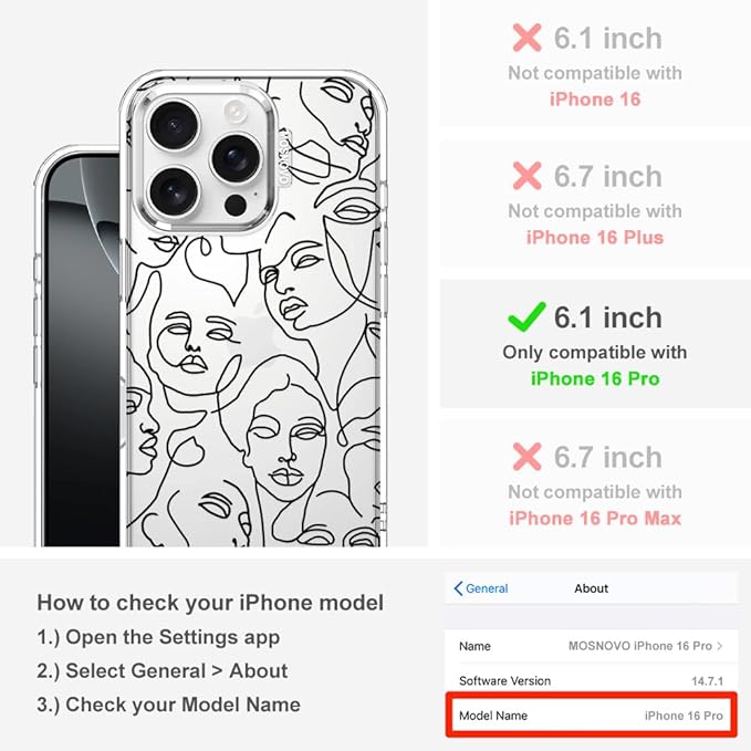 MOSNOVO Case for iPhone 16 Pro, [Buffertech 6.6ft Military-Grade Drop Protection] [Anti Peel Off Tech] Clear TPU Bumper Phone Case Cover Design - Abstract Face Line Art