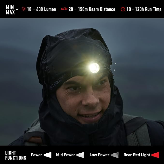 Ledlenser MH10 Rechargeable Headlamp - Black, 600 lm - 158 g Lightweight Design & Bright LED Headlight - 120-Hour Runtime & Work Headlamp - Hard Hat Light with Red Rear Light