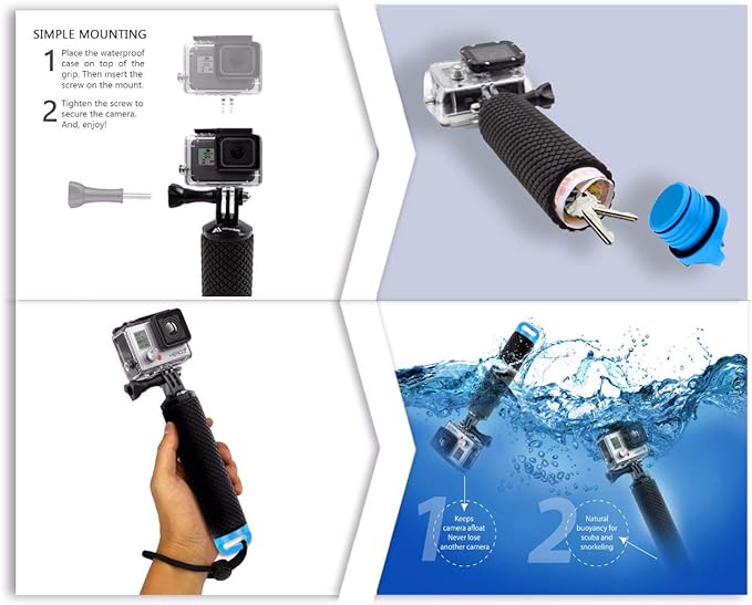Floating Hand Grip Waterproof Monopod for GoPro Hero 13 12 11 10 9 8 7 6 5 4 3+ 2 1 Session Black Silver Handler & Handle Mount Accessories Kit for Water Sport and Action Cameras (Blue)