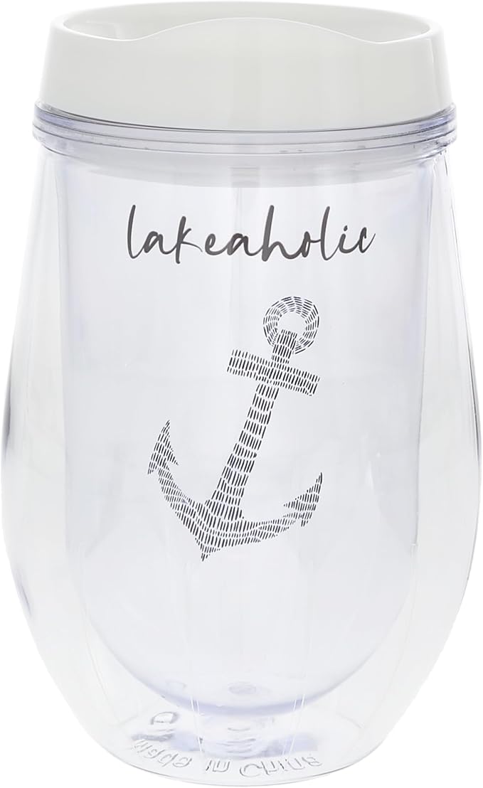 Pavilion Gift Company - Lakeaholic - 12 oz Wine Glass With Lid Wine Lover Kitchenware Lake Lover Lakefront Waterfront Outdoors Anchor Nautical Drinkware