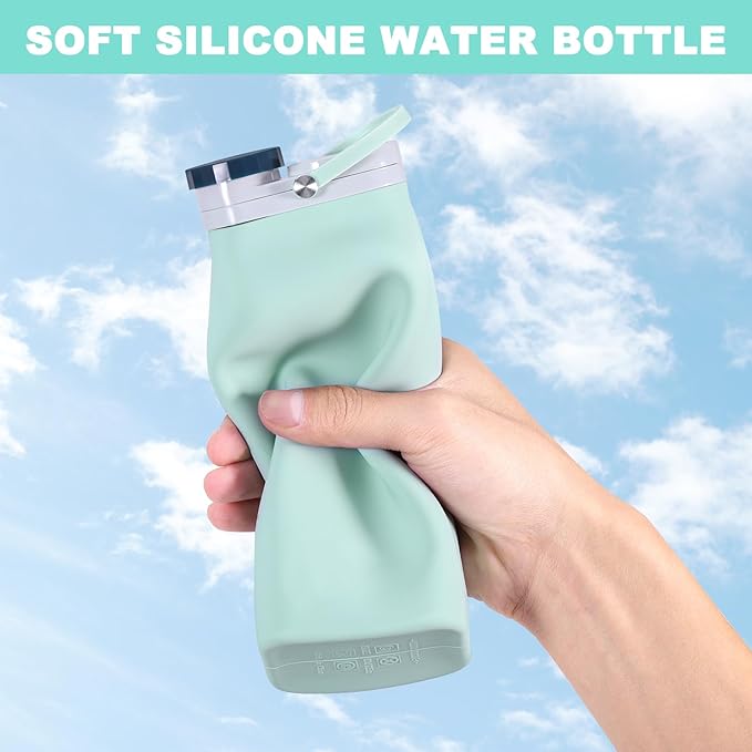 Collapsible Water Bottle,Reusable Foldable BPA Free Silicone Water Bottle,Portable Leakproof Sport Water Bottle for Running Traveling Hiking Camping Lightweight Durable 20 oz (Blue)
