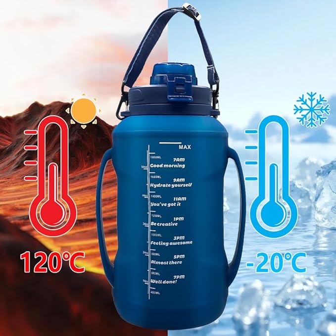 64oz Foldable Water Kettle - Straw & Motivational Time Marker, Half Gallon Silicone Reusable Bottle for Airport Travel, Outdoor Adventures & Home/Office (Blue)