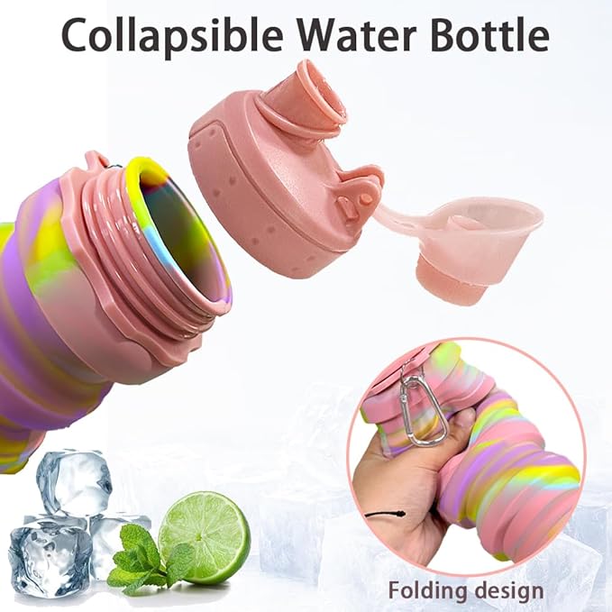 Silicone Collapsible Sports Water Bottles 500ml 16oz,Leak proof Twist Cap BPA Free Retractable for Home Outdoor,Biking,Hiking Portable Water Bottle Cups(1#Pink)