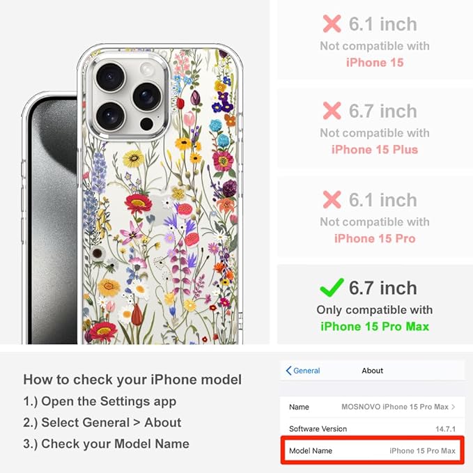 MOSNOVO Case for iPhone 15 Pro Max, [Buffertech 6.6ft Military-Grade Drop Protection] [Anti Peel Off Tech] Clear TPU Bumper Phone Case Cover Design - Wildflower Meadow