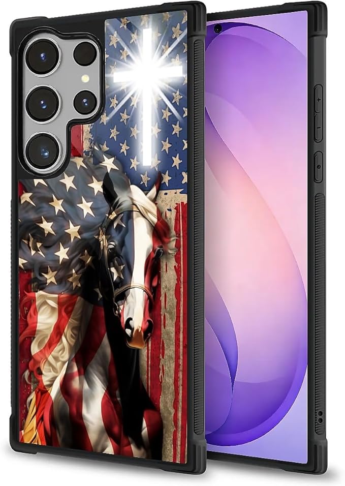 for Samsung Galaxy S26 Ultra Case,Graphic Design for Girl Boy Soft Silicone Hard Acrylic Shock Protection Designed for Samsung Galaxy S26 Ultra Red American Flag Horse Cross Pattern