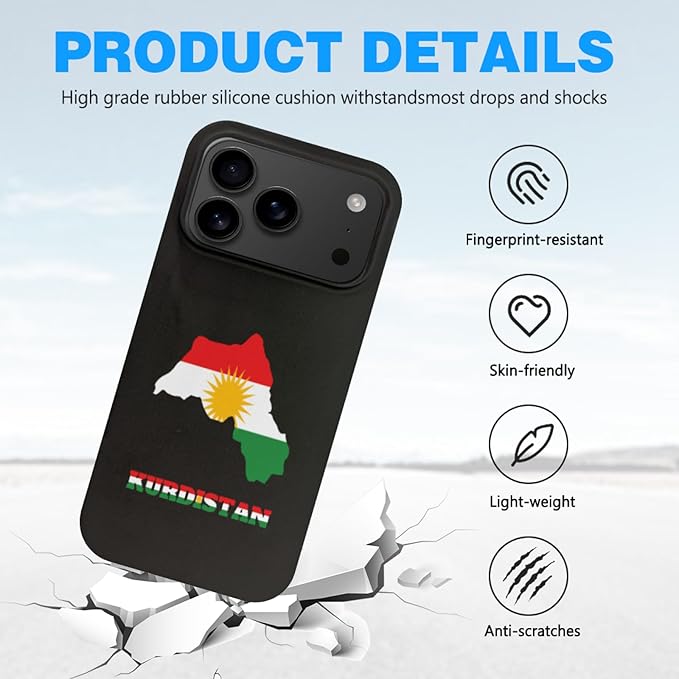 Kurdistan Kurdish Kurds Flag Map Case Compatible with iPhone 17 Pro Drop Protection Shockproof Anti Fingerprint Funny Novelty Phone Cover Slim Fit Silicone Black