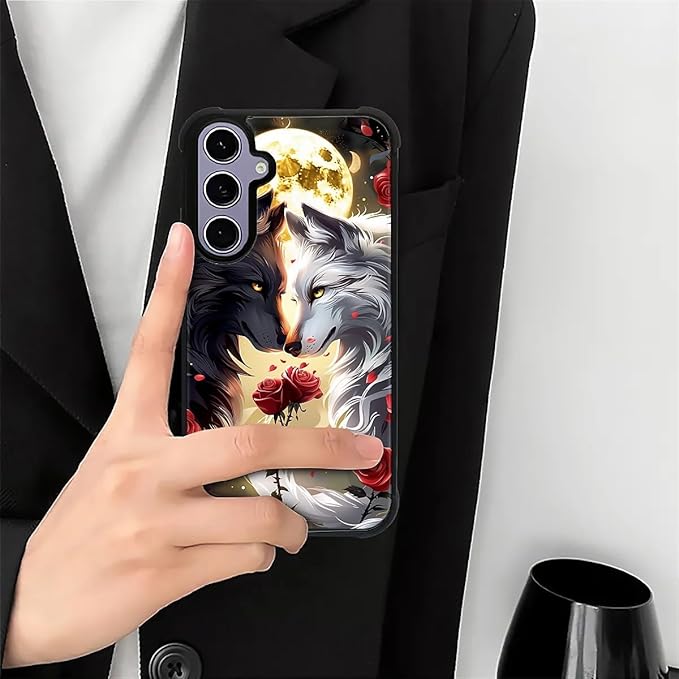 for Samsung Galaxy S24 S25 Case, Black White Wolf Moon Flower Rose Pattern Graphic Design Girl Boy Soft Silicone Hard Acrylic Shock Protection for Samsung Galaxy S24 S25