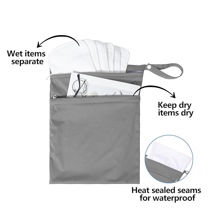 ALVABABY 2pcs Superior Waterproof Wet Dry Bags,Reusable Two Zippered Pockets, baby cloth diaper wet bags,Travel,Beach,Pool,Daycare,Soiled Items,Yoga Gym Bag,wet bag for swimsuit Black&Grey LW-B2629