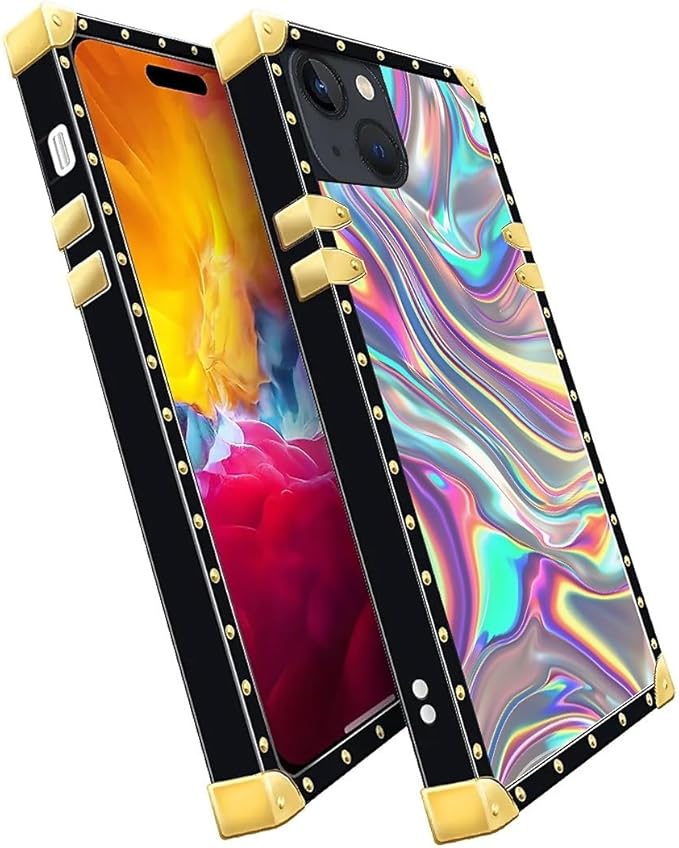 Compatible with iPhone 15 Case, Holographic Abstract Iridescent Textures Luxury Golden Decoration for Girl Women Soft TPU Shockproof Protective Hard PC Back for iPhone 15
